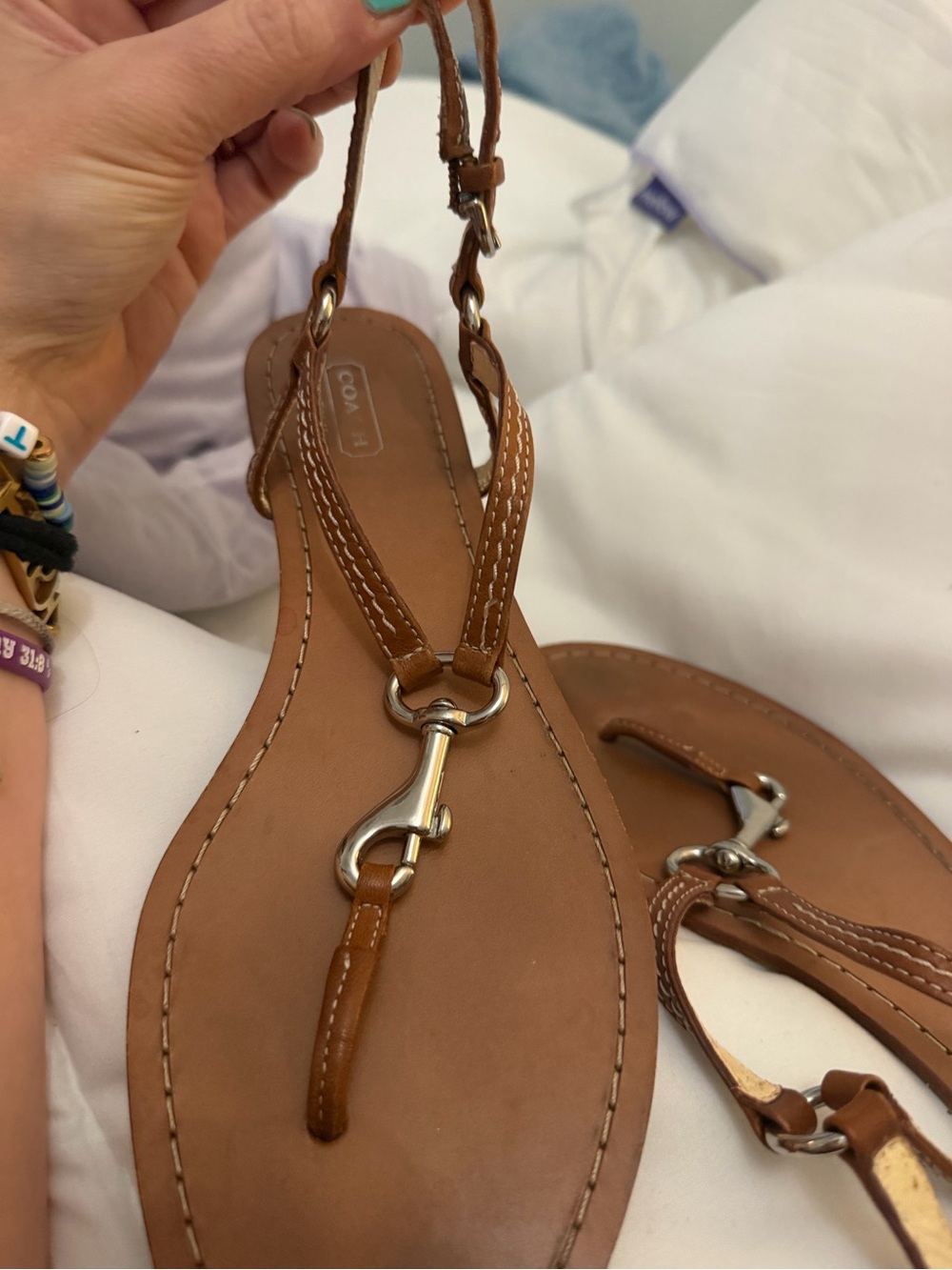 Brown leather Lobster claw Coach sandals / thong with silver hardware. Size 9 - Picture 6 of 7
